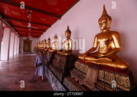 Fila di statue dorate di Buddha, gesto di testimonianza della terra, Wat Pho (Tempio del Buddha sdraiato), Bangkok, Thailandia, Sud-Est asiatico, Asia Foto Stock