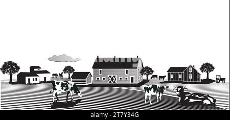 Mucche al pascolo con casale, bianco e nero su sfondo bianco, illustrazione Illustrazione Vettoriale