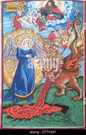 Georg Lemberger New Testament (Bibbia di Lutero): La donna apocalittica e il drago (Apocalisse di Giovanni 12, 1-5). Taglio a legna, colorato 1524 , 1524 Foto Stock