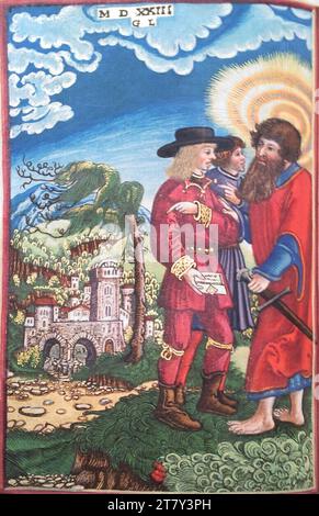 Georg Lemberger nuovo Testamento (Bibbia di Lutero): Paolo e un messaggero (2 Corinzi). Taglio a legna, colorato 1524 , 1524 Foto Stock