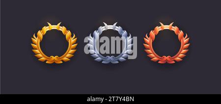 Set di fotogrammi di gioco su sfondo nero. Modello di cornici ui di lusso in metallo oro, argento e bronzo. interfaccia utente del gioco vettoriale Cartoon a cerchio vuoto Illustrazione Vettoriale