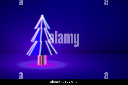 Albero di Natale con luci al neon in camera 3D blu con spazio per le copie. Biglietto d'auguri per le vacanze invernali, stile club neon anni '80 Illustrazione Vettoriale