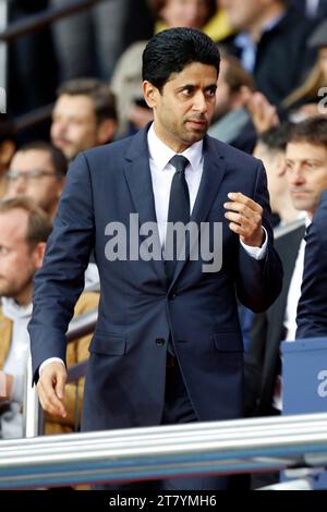 Nasser al-Khelaifi, presidente del Qatar del Paris Saint-Germain, durante la partita di calcio L1 del campionato francese tra Paris Saint-Germain e Stade de Reims il 25 settembre 2019 allo stadio Parc des Princes di Parigi, Francia - foto Mehdi Taamallah / DPPI Foto Stock