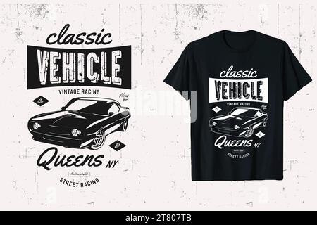 T-shirt di auto d'epoca dal design vettoriale. Auto d'epoca, leggenda di New York. maglietta personalizzata per auto del queens. modello di stampa in bianco e nero. Illustrazione Vettoriale