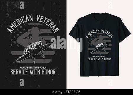 T-Shirt Design veterano. American Army con flag Vector Custom modello t-shirt. Illustrazione Vettoriale