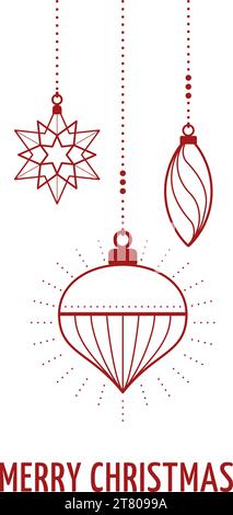 Buon poster natalizio con testo e ornamenti appesi Illustrazione Vettoriale