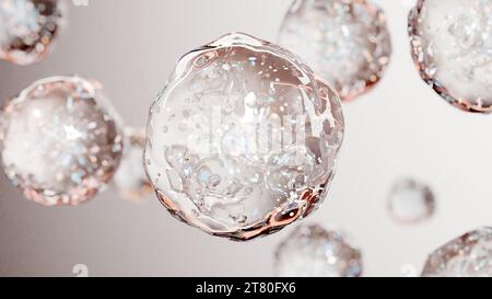 Bolle d'olio essenziali per cosmetici in acqua. Bolle di liquido dorato, flusso di liquido. Collagene, atomi galleggianti, crema idratante, siero della pelle, vitamina, essere Foto Stock