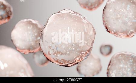 Bolle d'olio essenziali per cosmetici in acqua. Bolle di liquido dorato, flusso di liquido. Collagene, atomi galleggianti, crema idratante, siero della pelle, vitamina, essere Foto Stock