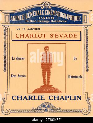 French Trade Advert per CHARLIE CHAPLIN in THE ADVENTURER / CHARLOT S'EVADE 1917 regista CHARLES CHAPLIN Lone Star Corporation / Mutual Film Foto Stock