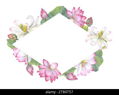 Cornice in rombo con fiore di loto sacro indiano, gemme, foglie. Fiori nazionali vietnamiti. Spazio per il testo. Illustrazione ad acquerello per i messaggi di saluto Foto Stock