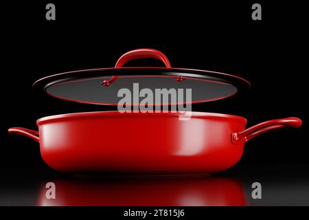 Padella in acciaio inox con coperchio in vetro e pentole in alluminio cromato su sfondo nero. rendering 3d di utensili da cucina antiaderenti Foto Stock