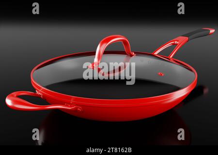 Padella in acciaio inox con coperchio in vetro e pentole in alluminio cromato su sfondo nero. rendering 3d di utensili da cucina antiaderenti Foto Stock