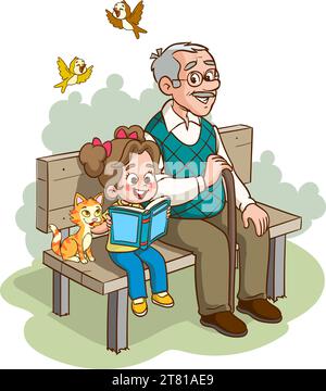 bambini che leggono un libro seduti sulla panchina con suo nonno Illustrazione Vettoriale