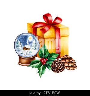 Composizione natalizia acquerello con regalo, globo di palla di neve in vetro, coni e illustrazione delle bacche di holly. Scatola regalo oro di Capodanno con fiocco rosso isolato Foto Stock