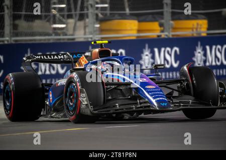 Las Vegas, Stati Uniti, 16 novembre, Logan Sargeant, dagli Stati Uniti gareggia per la Williams Racing. Pratica, round 22 del campionato di Formula 1 2023. Crediti: Michael Potts/Alamy Live News Foto Stock