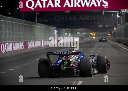 Las Vegas, Stati Uniti, 16 novembre, Logan Sargeant, dagli Stati Uniti gareggia per la Williams Racing. Pratica, round 22 del campionato di Formula 1 2023. Crediti: Michael Potts/Alamy Live News Foto Stock