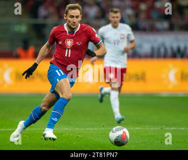 Varsavia, Polonia. 17 novembre 2023. Jan Kuchta, ceco, durante il turno di qualificazione del Campionato europeo UEFA 2024, gruppo e partita tra Polonia e Repubblica Ceca al PGE National Stadium di Varsavia, Polonia, il 17 novembre 2023 (foto di Andrew SURMA/ Credit: SIPA USA/Alamy Live News Foto Stock