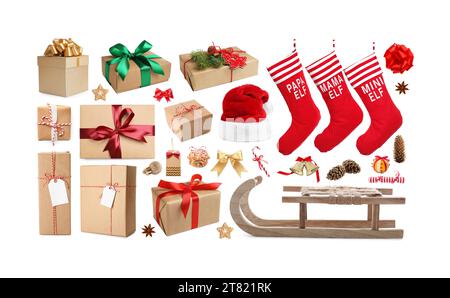 Materiale per festeggiare il Natale isolato su bianco, collezione Foto Stock