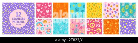 Motivi astratti senza cuciture con forme grunge e oggetti scarabocchi. Pennello disegnato a mano colore della curva di incisione infinita collezione di ornamenti. Scarabocchi per bambini, texture a linee curve. Decorazioni isolate vettoriali Illustrazione Vettoriale