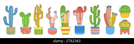Cactus in set di cartoni animati lineari per vaso da fiori. Piante esotiche e alla moda disegnate a mano con raccolta di vasi isolata. Varie piante casalinghe di cactus messicane. Decorazioni nella giungla urbana, disegni vettoriali kawaii Illustrazione Vettoriale