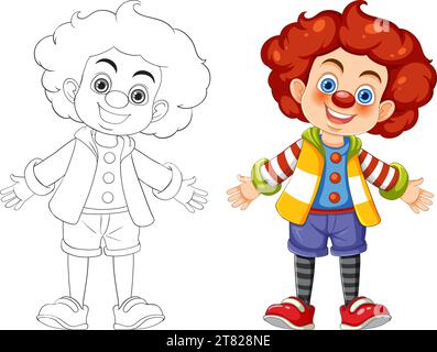 Un simpatico personaggio dei cartoni animati che indossa abiti da clown colorati da circo, sorridente Illustrazione Vettoriale