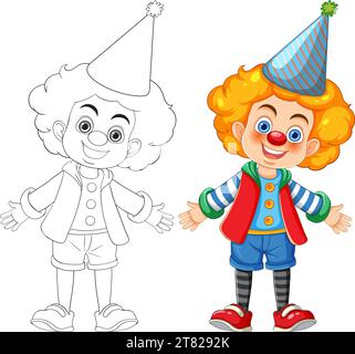 Un simpatico personaggio dei cartoni animati che indossa abiti da clown colorati da circo, sorridente Illustrazione Vettoriale