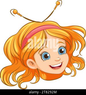 Una simpatica ragazza dei cartoni animati con un sorriso che indossa un accessorio elegante per la testa Illustrazione Vettoriale