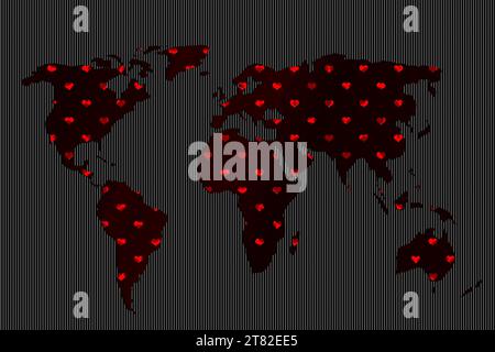 Design della mappa mondiale con pattern cardiaco. Terra con continenti. Mappa di europa e america, Asia e Australia. Modello di mappa della Terra piatta per il sito Web Foto Stock