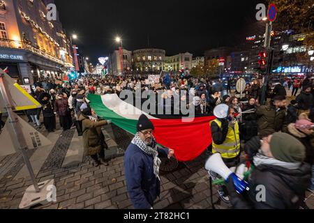 Oslo, Norvegia. 17 novembre 2023. Diversi attivisti che marciano con una gigantesca bandiera palestinese sono visti urlare slogan contro la guerra e a favore della liberazione palestinese durante una manifestazione e una marcia che si tiene nelle strade del centro di Oslo. Collettivi e gruppi filo-palestinesi hanno tenuto diverse azioni presso l'edificio del Parlamento nella capitale norvegese, dove hanno chiesto un cessate il fuoco e la cessazione delle ostilità da parte di Israele, che ha effettuato un raid armato sulla Striscia di Gaza. Credito: SOPA Images Limited/Alamy Live News Foto Stock