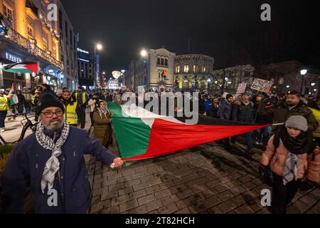 Oslo, Norvegia. 17 novembre 2023. Diversi attivisti che marciano con una gigantesca bandiera palestinese sono visti urlare slogan contro la guerra e a favore della liberazione palestinese durante una manifestazione e una marcia che si tiene nelle strade del centro di Oslo. Collettivi e gruppi filo-palestinesi hanno tenuto diverse azioni presso l'edificio del Parlamento nella capitale norvegese, dove hanno chiesto un cessate il fuoco e la cessazione delle ostilità da parte di Israele, che ha effettuato un raid armato sulla Striscia di Gaza. Credito: SOPA Images Limited/Alamy Live News Foto Stock