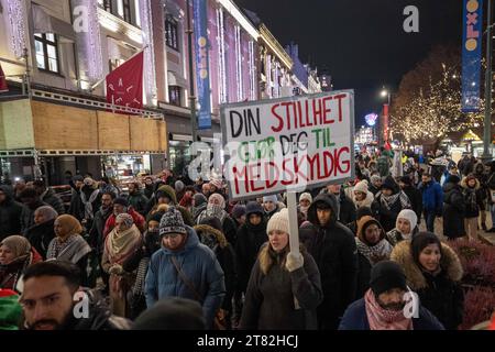 Oslo, Norvegia. 17 novembre 2023. Diversi attivisti sono visti marciare con bandiere e striscioni e gridare slogan contro la guerra e a favore della liberazione palestinese durante una manifestazione e una marcia che si tiene nelle strade del centro di Oslo. Collettivi e gruppi filo-palestinesi hanno tenuto diverse azioni presso l'edificio del Parlamento nella capitale norvegese, dove hanno chiesto un cessate il fuoco e la cessazione delle ostilità da parte di Israele, che ha effettuato un raid armato sulla Striscia di Gaza. (Foto di Jorge Castellanos/SOPA Images/Sipa USA) credito: SIPA USA/Alamy Live News Foto Stock