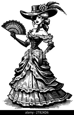 Illustrazione in stile Linocut di una bella donna del selvaggio West americano. Illustrazione Vettoriale