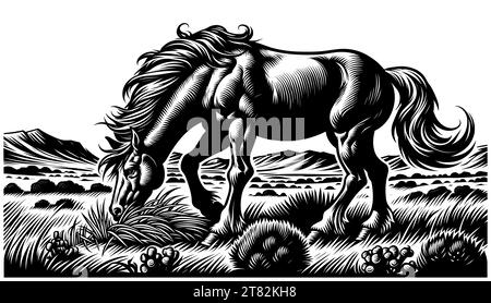 Illustrazione in stile Linocut di un mustang selvaggio che pascolava in un paesaggio panoramico. Illustrazione Vettoriale