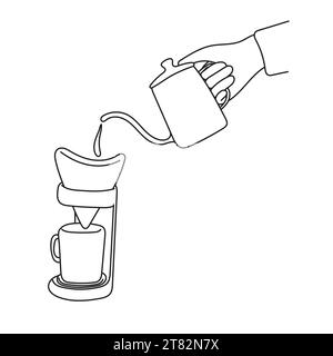 Versare acqua calda a mano sul caffè macinato con illustrazione del filatore disegnata a mano isolata su sfondo bianco Illustrazione Vettoriale