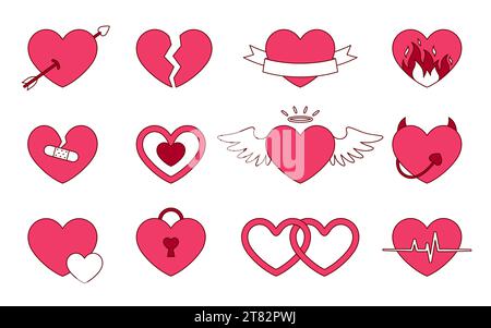 Set piatto con contorno a doodle y2k, icona Love Heart, san valentino. Rosa incantato angelo a forma di lucchetto cuore spezzato matrimonio diavolo amur cupido a freccia a impulsi nastro congratula la patch pendente riconciliare isolato Illustrazione Vettoriale