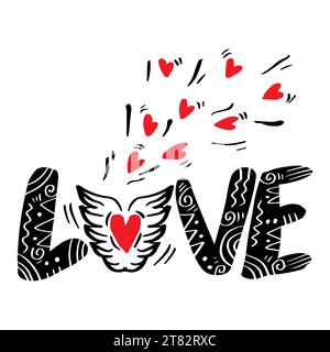 Testo adorabile, lettere disegnate a mano con ali e forma a cuore. Foto Stock