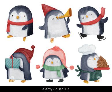 Pinguino. Tema natalizio . Colori acquerelli personaggi dei cartoni animati . Isolato . Set 1 di 4 . illustrazione . Foto Stock