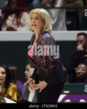 Hammond, USA. 17 novembre 2023. Il capo-allenatore della LSU Lady Tigers Kim Mulkey reagisce a una giocata durante una partita di basket femminile al college presso l'University Center di Hammond, Louisiana, venerdì 17 novembre 2023. (Foto di Peter G. Forest/Sipa USA) credito: SIPA USA/Alamy Live News Foto Stock