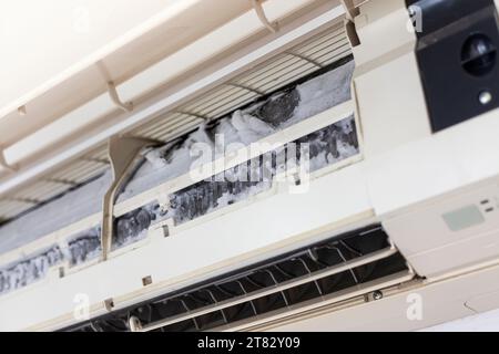 Pulizia del ghiaccio sul filtro dell'aria del climatizzatore. Problema di scarico del climatizzatore Foto Stock