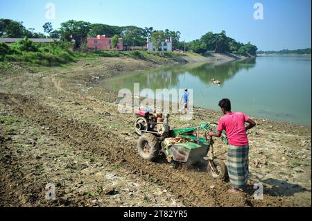 Agricoltori che utilizzano macchine sulle rive del fiume Surma nella zona del Masuganj Bazar di Sylhet. A causa del politene che galleggia nell'acqua della riva del fiume, anche il funzionamento della macchina è ostacolato. Il politene viene gettato indiscriminatamente nel fiume che riempie il letto del fiume e distrugge la fertilità del suolo oltre a riempire il fiume. E' una minaccia per l'agricoltura lungo il fiume. Sylhet, Bangladesh. Foto Stock