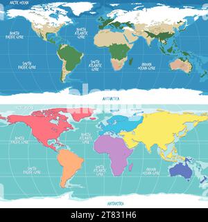 Una colorata illustrazione in stile cartone animato della mappa del mondo fisico e dei continenti Illustrazione Vettoriale