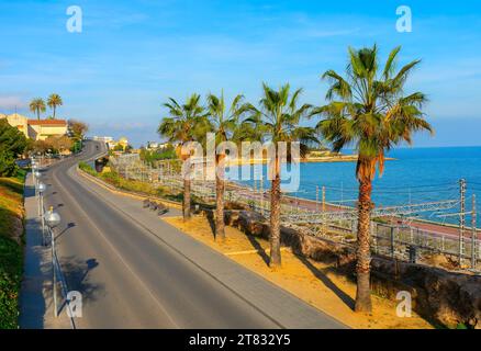 Palme e strada lungo la costa marina di Tarragona, Spagna Foto Stock