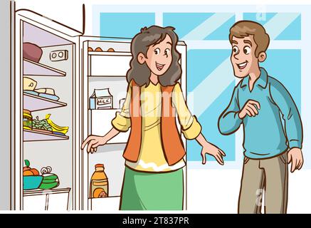 famiglia che cerca cibo mancante in frigo e fa un cartoni animati vettoriali Illustrazione Vettoriale
