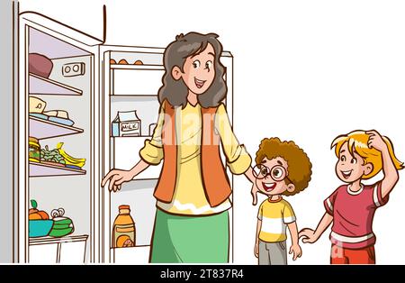 famiglia che cerca cibo mancante in frigo e fa un cartoni animati vettoriali Illustrazione Vettoriale