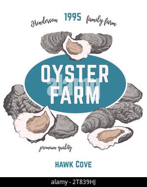 Le ostriche vettoriali disegnate a Hend sono emblema con tipografia retrò. Grafica a inchiostro, stile inciso. Per ristorante di pesce, allevamento di ostriche o mercato. Isolato. Illustrazione Vettoriale