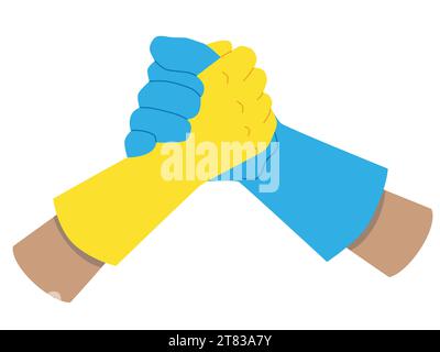 Mani con una stretta di mano in un guanto di gomma isolato su uno sfondo bianco. Vettore. Il concetto del consenso dei medici, dei lavoratori. Illustrazione Vettoriale