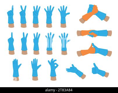 Illustrazione delle mani in guanti di gomma isolati su sfondo bianco. Grafica vettoriale di gesti e segni. Illustrazione Vettoriale