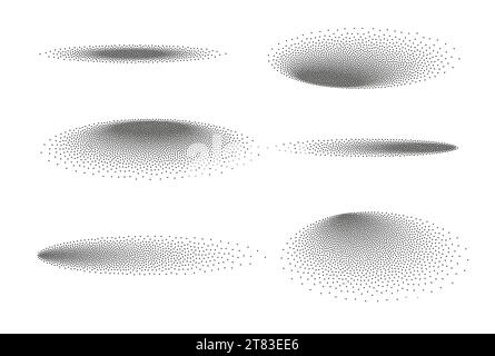 Cerchio d'ombra ovale con gradiente di stipple. Struttura effetto ombra punto sfera cornice disegno sfondo. Illustrazione Vettoriale