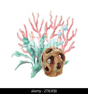 Alghe, corallo rosa, spugna marina. Illustrazione Vector Sea in stile acquerello. Biglietti d'auguri, inviti, copertine, volantini e banner a tema. Illustrazione Vettoriale