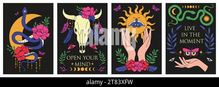 Poster mistici. Serpente con fiori di rosa, mani femminili che tengono il sole, energia cosmica, simboli hippy magici d'epoca. Astrologia celeste in stile bohémien. T Illustrazione Vettoriale